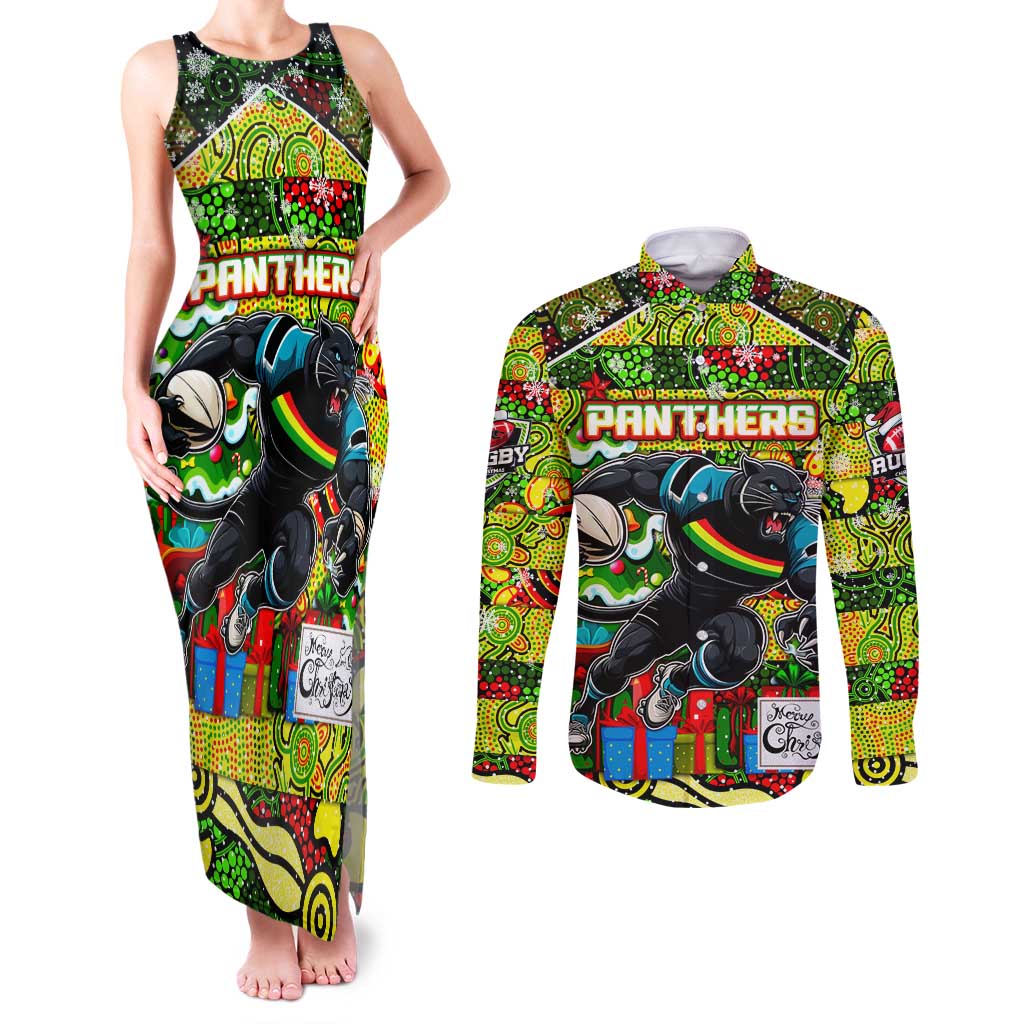 Custom Panthers Rugby Merry Christmas Couples Matching Tank Maxi Dress and Long Sleeve Button Shirt Indigenous Australian Art