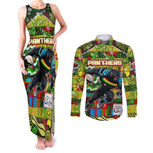 Custom Panthers Rugby Merry Christmas Couples Matching Tank Maxi Dress and Long Sleeve Button Shirt Indigenous Australian Art