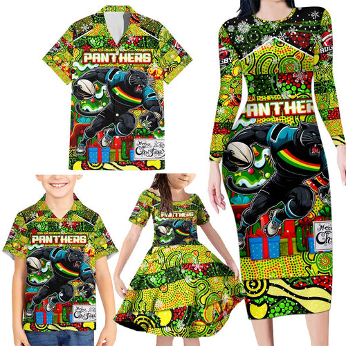 Custom Panthers Rugby Merry Christmas Family Matching Long Sleeve Bodycon Dress and Hawaiian Shirt Indigenous Australian Art