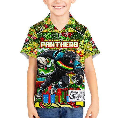 Custom Panthers Rugby Merry Christmas Family Matching Long Sleeve Bodycon Dress and Hawaiian Shirt Indigenous Australian Art