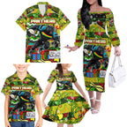 Custom Panthers Rugby Merry Christmas Family Matching Off The Shoulder Long Sleeve Dress and Hawaiian Shirt Indigenous Australian Art