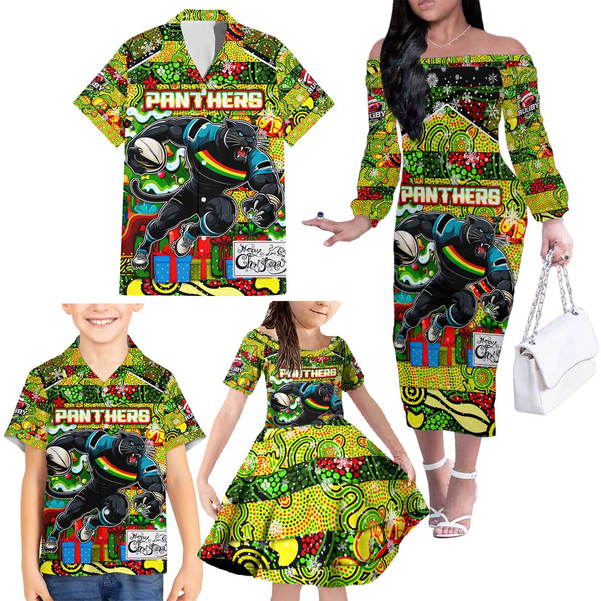 Custom Panthers Rugby Merry Christmas Family Matching Off The Shoulder Long Sleeve Dress and Hawaiian Shirt Indigenous Australian Art