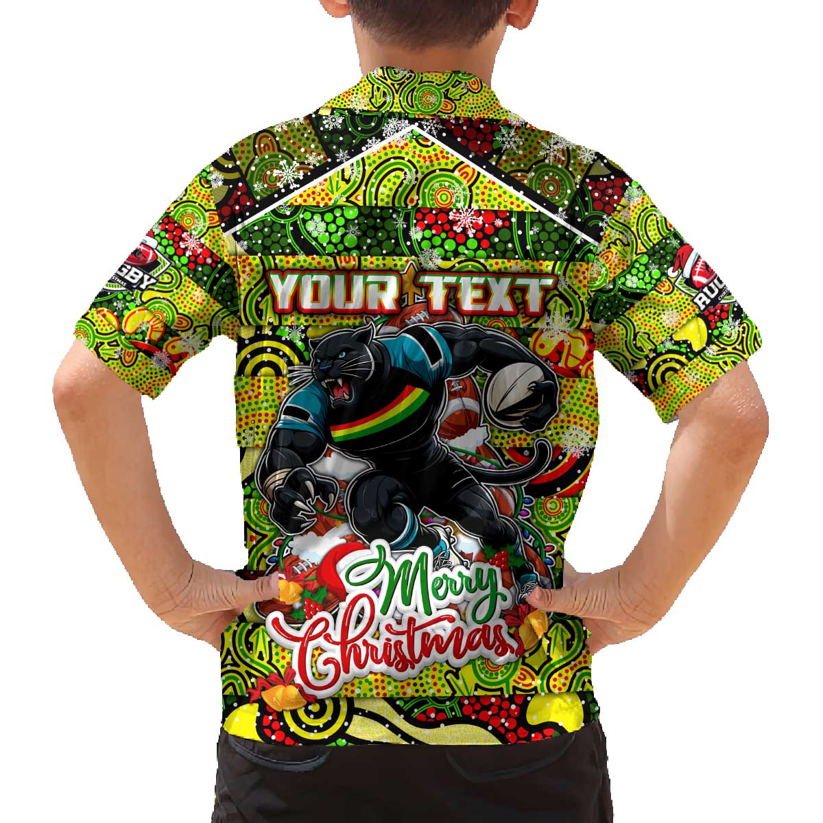Custom Panthers Rugby Merry Christmas Family Matching Off The Shoulder Long Sleeve Dress and Hawaiian Shirt Indigenous Australian Art