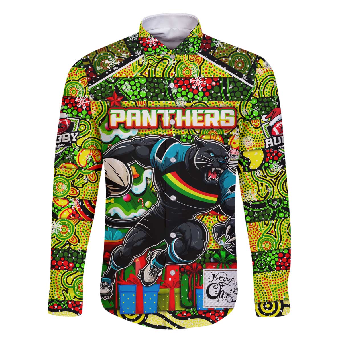 Custom Panthers Rugby Merry Christmas Family Matching Off The Shoulder Long Sleeve Dress and Hawaiian Shirt Indigenous Australian Art