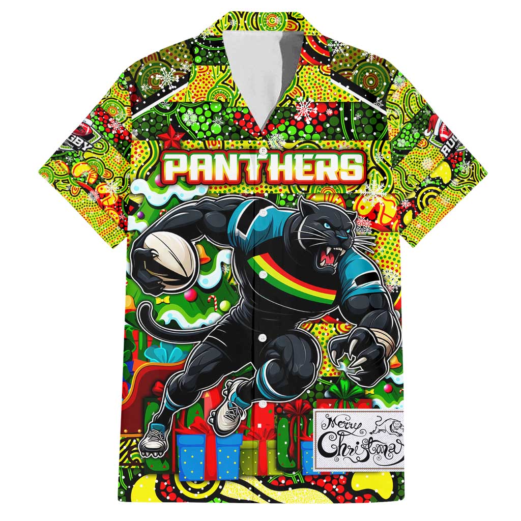 Custom Panthers Rugby Merry Christmas Family Matching Off Shoulder Short Dress and Hawaiian Shirt Indigenous Australian Art