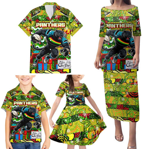 Custom Panthers Rugby Merry Christmas Family Matching Puletasi and Hawaiian Shirt Indigenous Australian Art