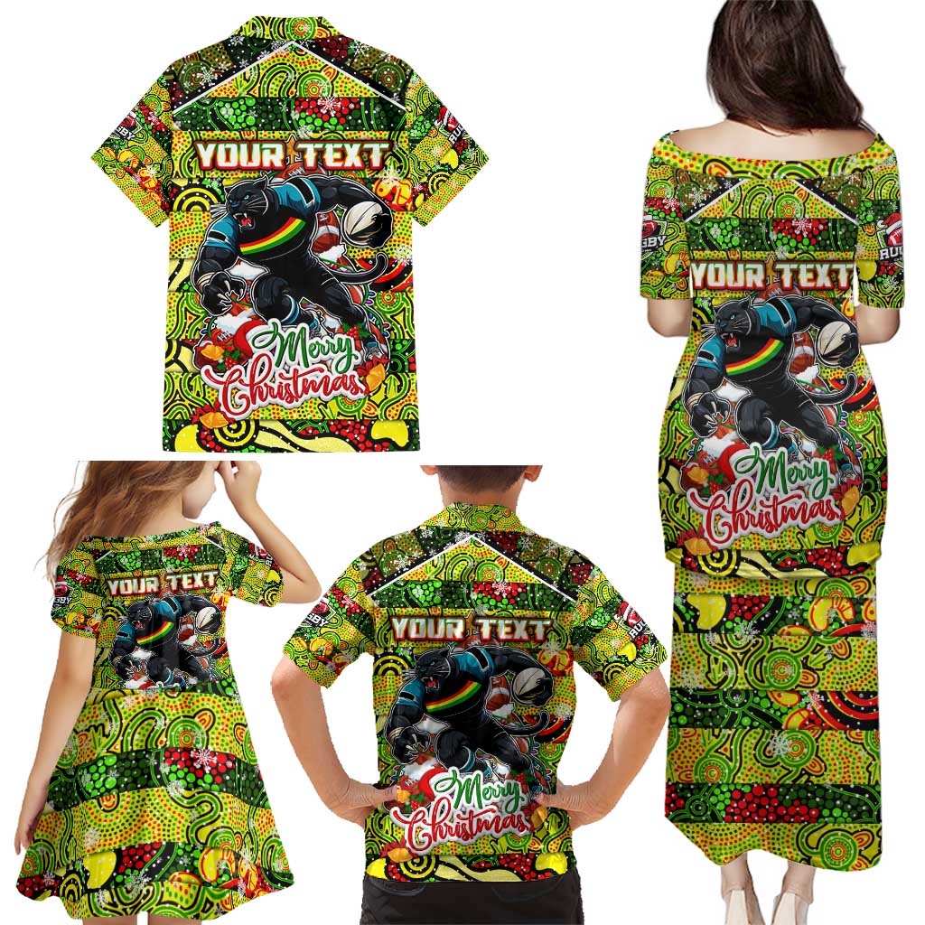 Custom Panthers Rugby Merry Christmas Family Matching Puletasi and Hawaiian Shirt Indigenous Australian Art