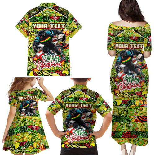 Custom Panthers Rugby Merry Christmas Family Matching Puletasi and Hawaiian Shirt Indigenous Australian Art