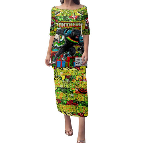 Custom Panthers Rugby Merry Christmas Family Matching Puletasi and Hawaiian Shirt Indigenous Australian Art