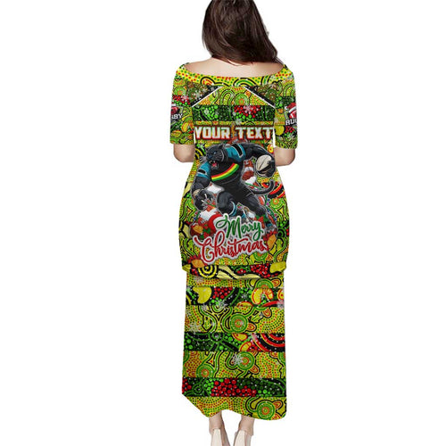 Custom Panthers Rugby Merry Christmas Family Matching Puletasi and Hawaiian Shirt Indigenous Australian Art