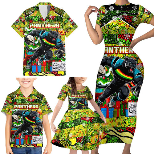 Custom Panthers Rugby Merry Christmas Family Matching Short Sleeve Bodycon Dress and Hawaiian Shirt Indigenous Australian Art