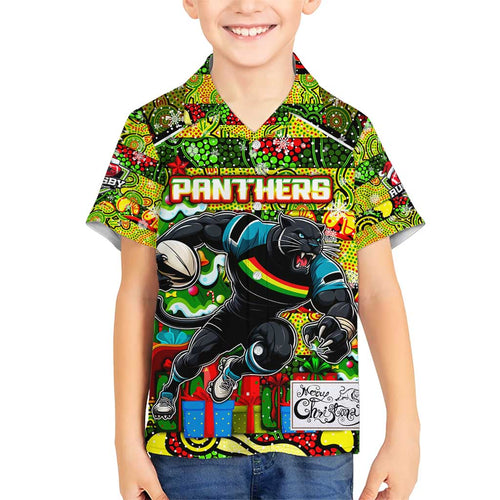 Custom Panthers Rugby Merry Christmas Family Matching Short Sleeve Bodycon Dress and Hawaiian Shirt Indigenous Australian Art