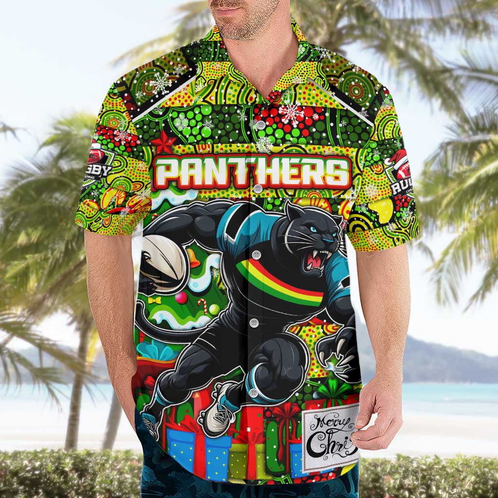 Custom Panthers Rugby Merry Christmas Hawaiian Shirt Indigenous Australian Art