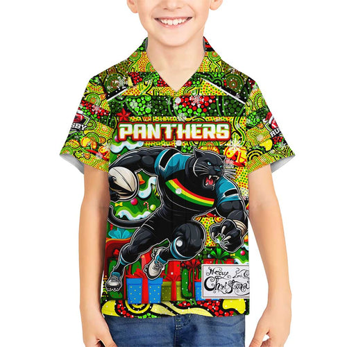Custom Panthers Rugby Merry Christmas Hawaiian Shirt Indigenous Australian Art