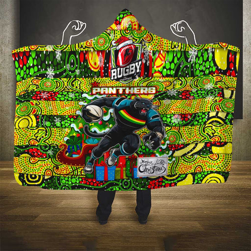 Panthers Rugby Merry Christmas Hooded Blanket Indigenous Australian Art