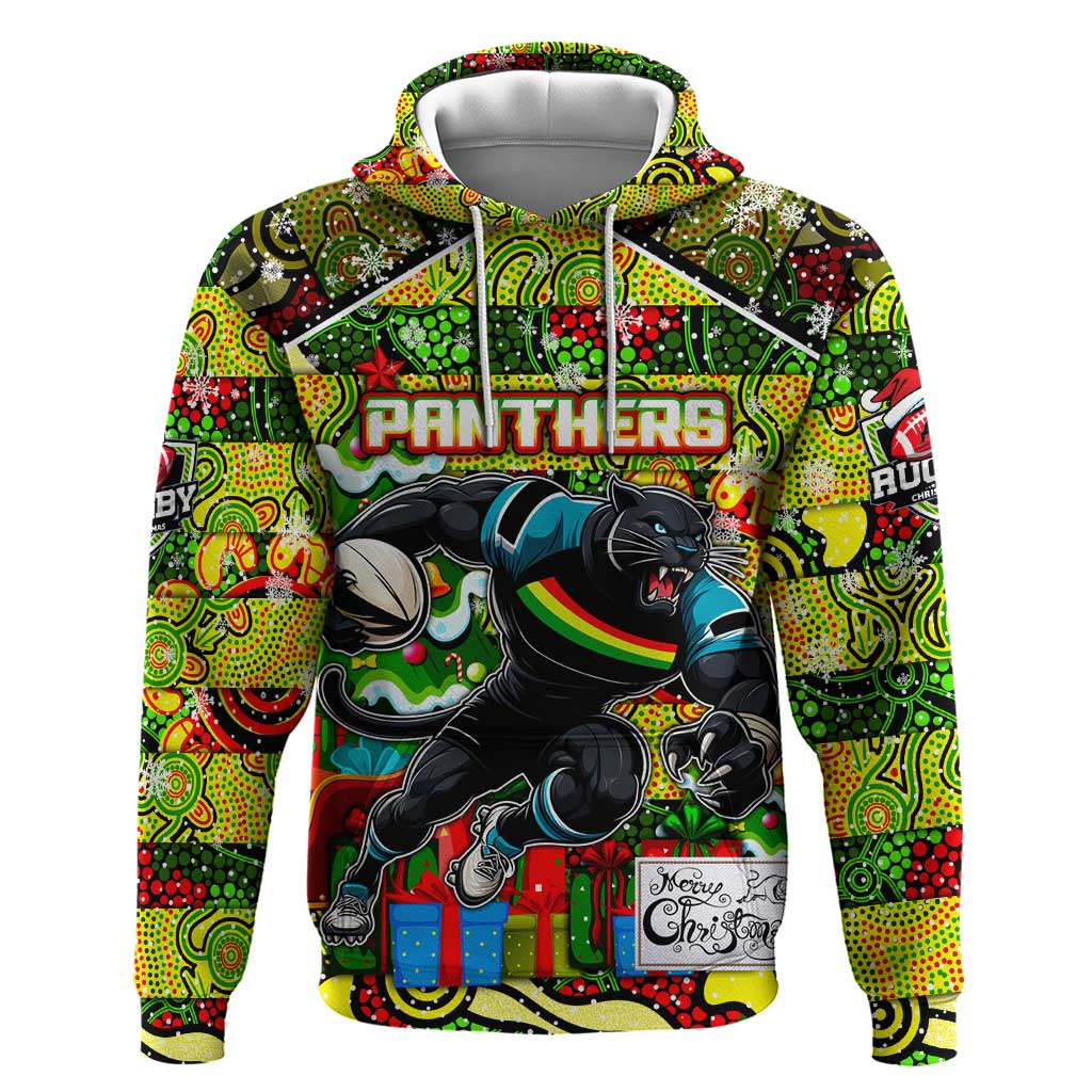 Custom Panthers Rugby Merry Christmas Hoodie Indigenous Australian Art