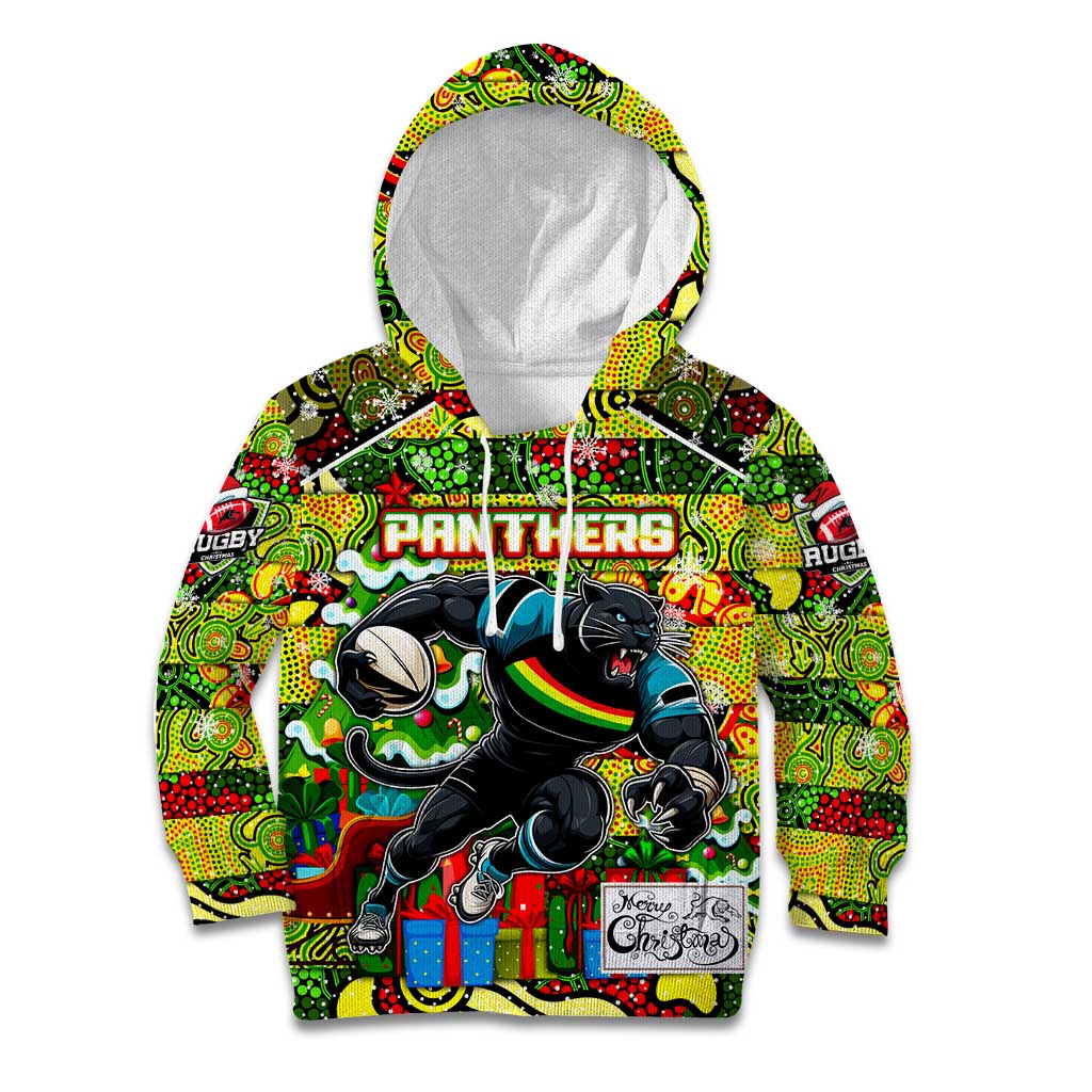Custom Panthers Rugby Merry Christmas Kid Hoodie Indigenous Australian Art