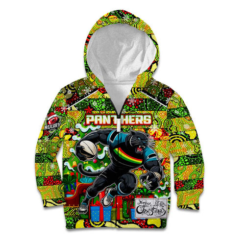 Custom Panthers Rugby Merry Christmas Kid Hoodie Indigenous Australian Art