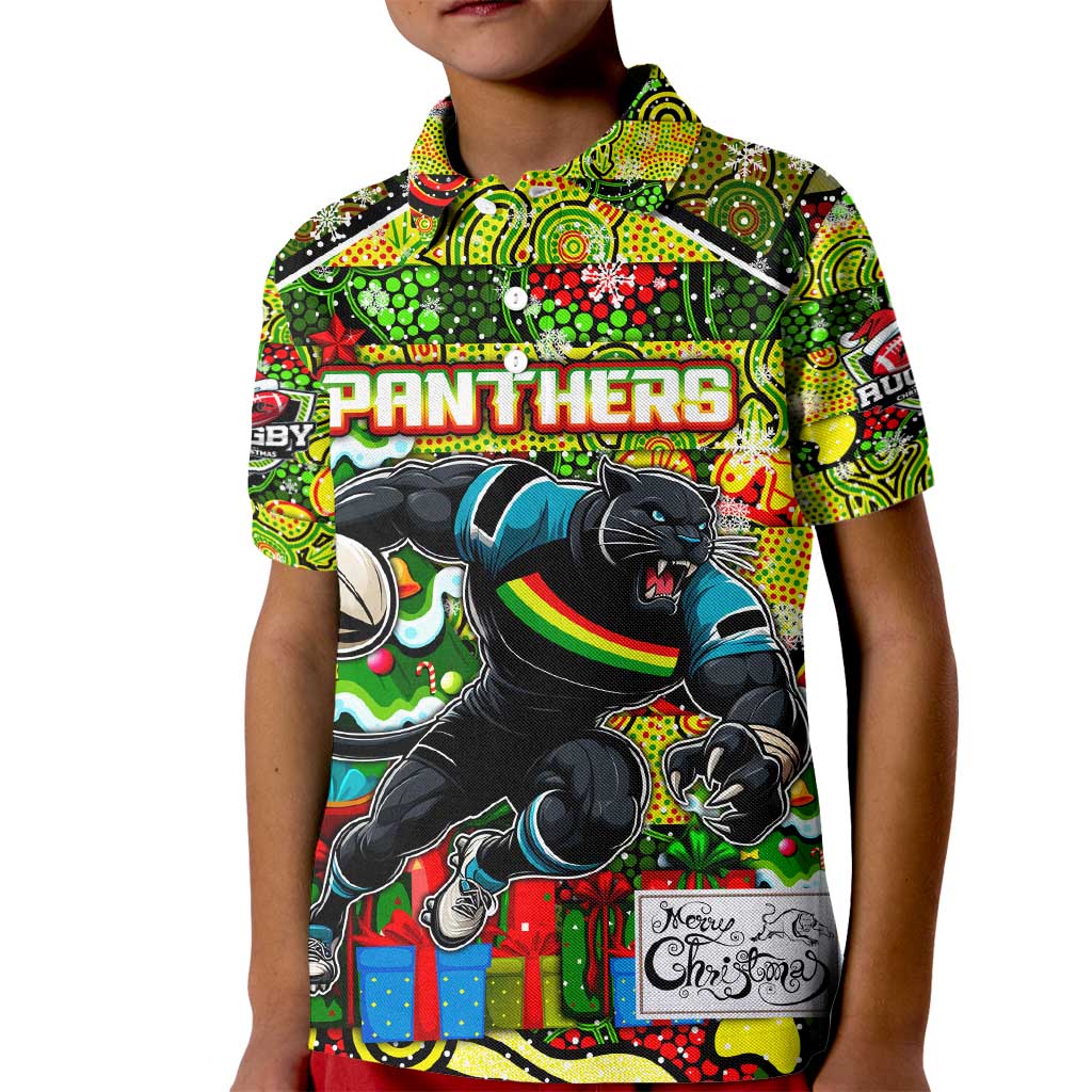 Custom Panthers Rugby Merry Christmas Kid Polo Shirt Indigenous Australian Art