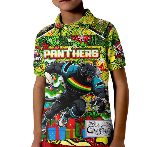 Custom Panthers Rugby Merry Christmas Kid Polo Shirt Indigenous Australian Art