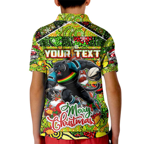 Custom Panthers Rugby Merry Christmas Kid Polo Shirt Indigenous Australian Art