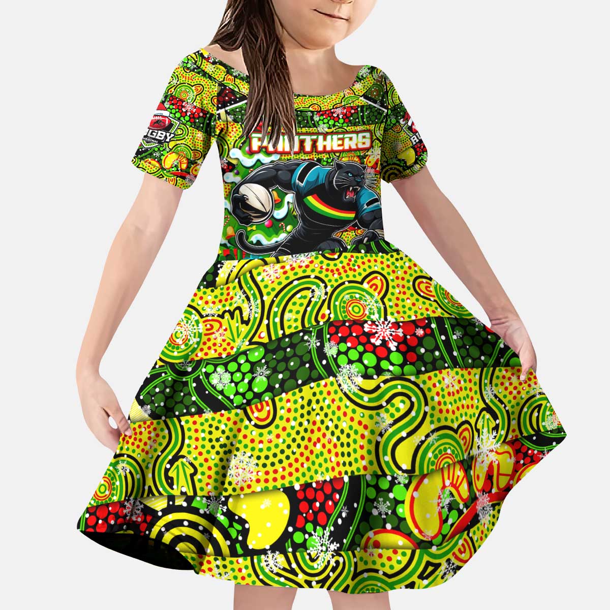Custom Panthers Rugby Merry Christmas Kid Short Sleeve Dress Indigenous Australian Art