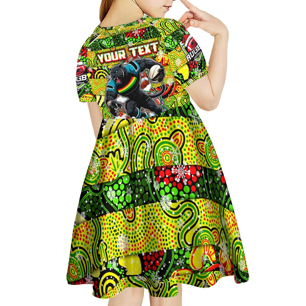 Custom Panthers Rugby Merry Christmas Kid Short Sleeve Dress Indigenous Australian Art