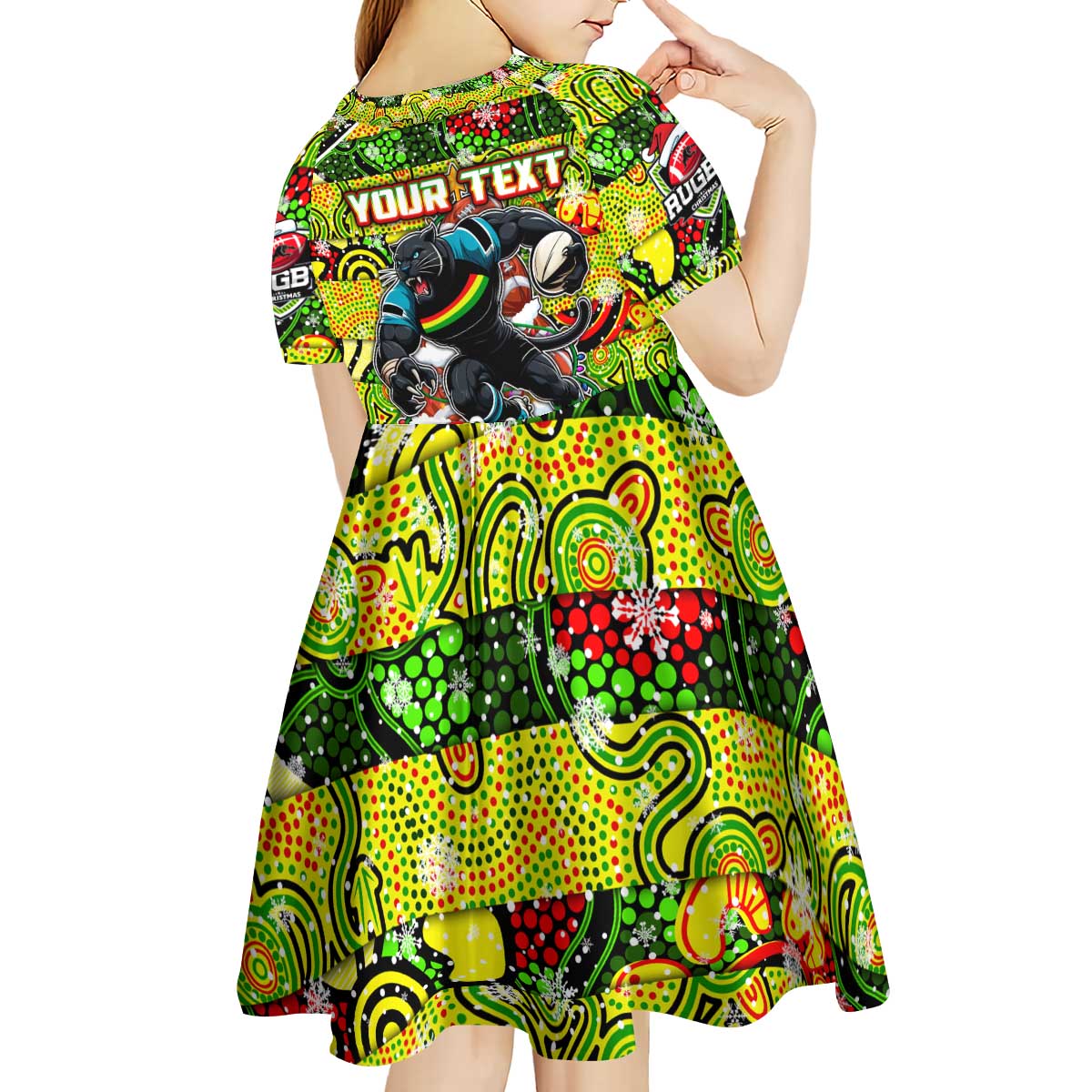 Custom Panthers Rugby Merry Christmas Kid Short Sleeve Dress Indigenous Australian Art
