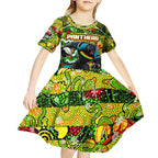 Custom Panthers Rugby Merry Christmas Kid Short Sleeve Dress Indigenous Australian Art