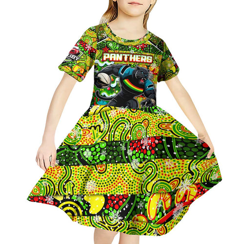 Custom Panthers Rugby Merry Christmas Kid Short Sleeve Dress Indigenous Australian Art