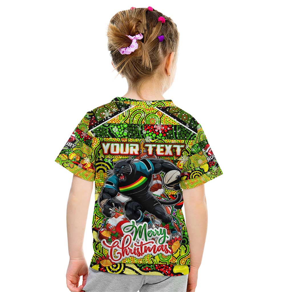 Custom Panthers Rugby Merry Christmas Kid T Shirt Indigenous Australian Art