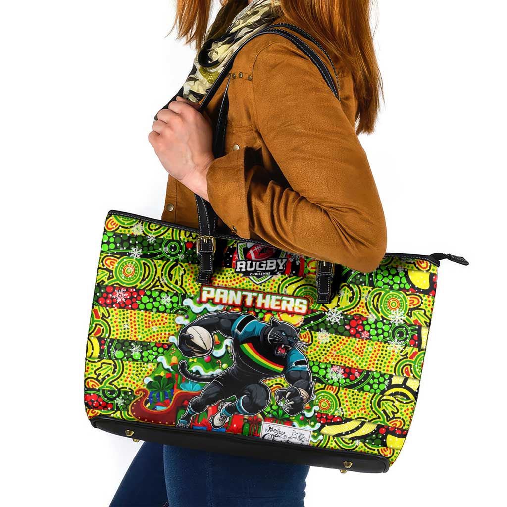 Panthers Rugby Merry Christmas Leather Tote Bag Indigenous Australian Art