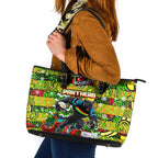 Panthers Rugby Merry Christmas Leather Tote Bag Indigenous Australian Art