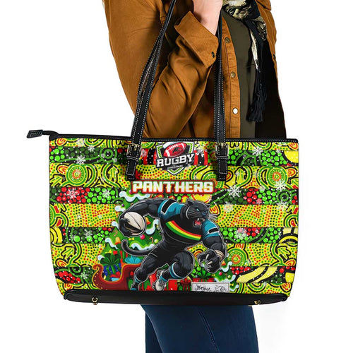 Panthers Rugby Merry Christmas Leather Tote Bag Indigenous Australian Art