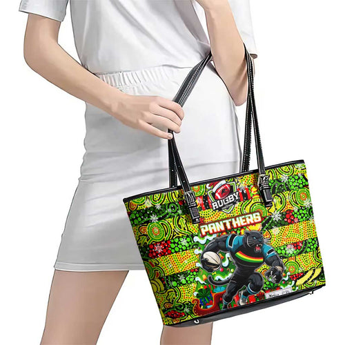 Panthers Rugby Merry Christmas Leather Tote Bag Indigenous Australian Art