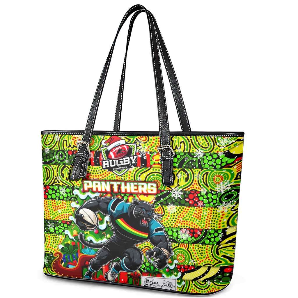 Panthers Rugby Merry Christmas Leather Tote Bag Indigenous Australian Art