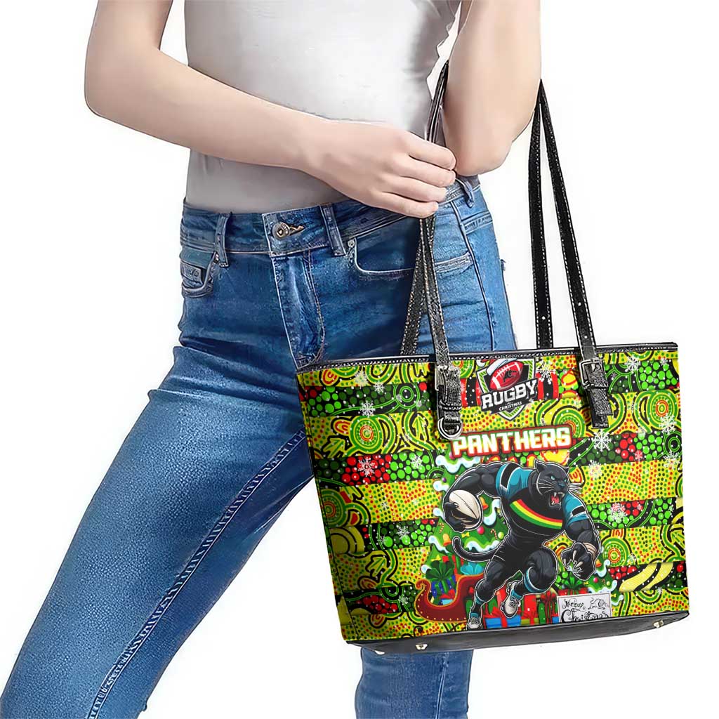 Panthers Rugby Merry Christmas Leather Tote Bag Indigenous Australian Art