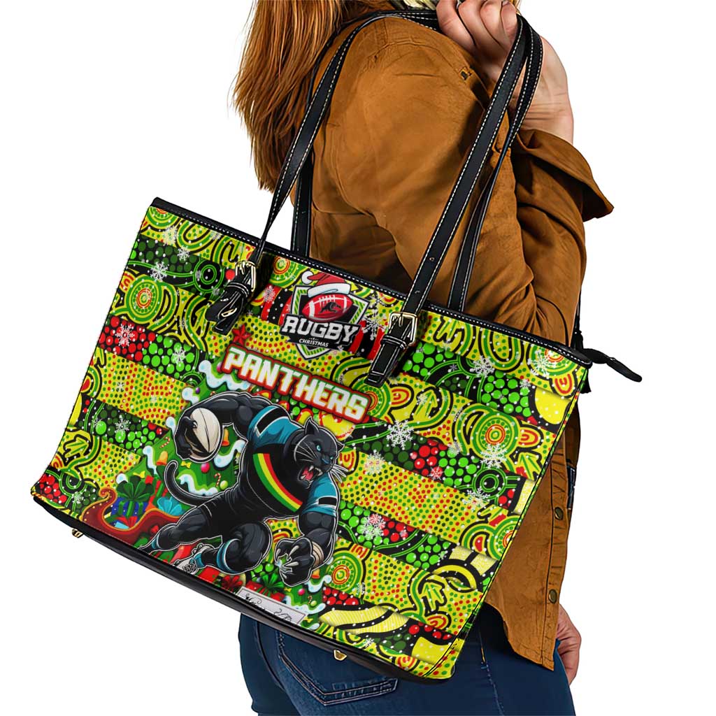 Panthers Rugby Merry Christmas Leather Tote Bag Indigenous Australian Art