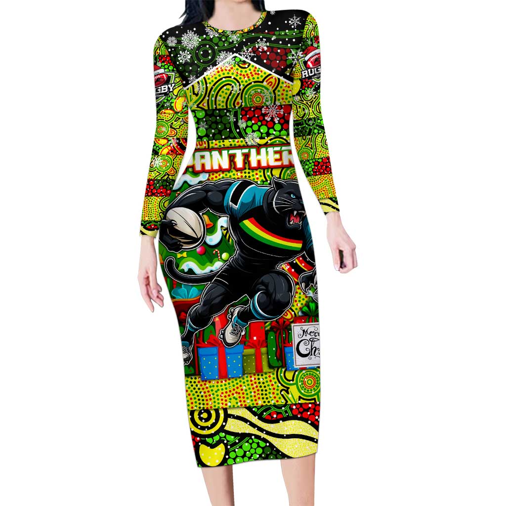 Custom Panthers Rugby Merry Christmas Long Sleeve Bodycon Dress Indigenous Australian Art