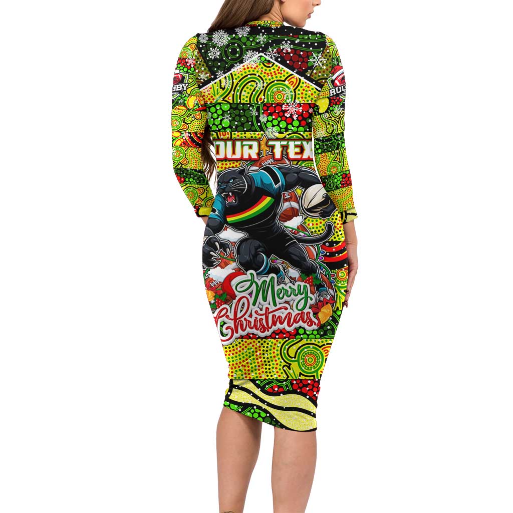 Custom Panthers Rugby Merry Christmas Long Sleeve Bodycon Dress Indigenous Australian Art