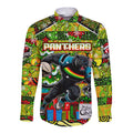 Custom Panthers Rugby Merry Christmas Long Sleeve Button Shirt Indigenous Australian Art