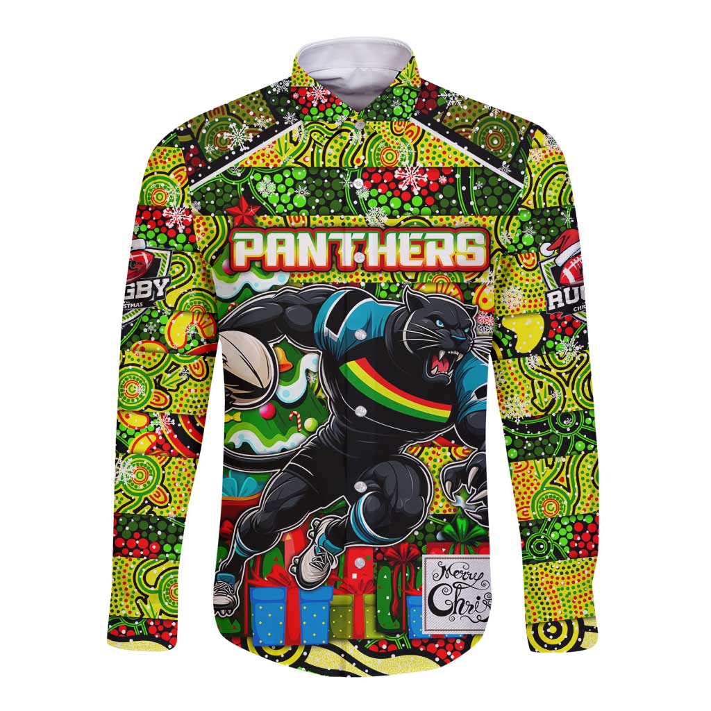 Custom Panthers Rugby Merry Christmas Long Sleeve Button Shirt Indigenous Australian Art