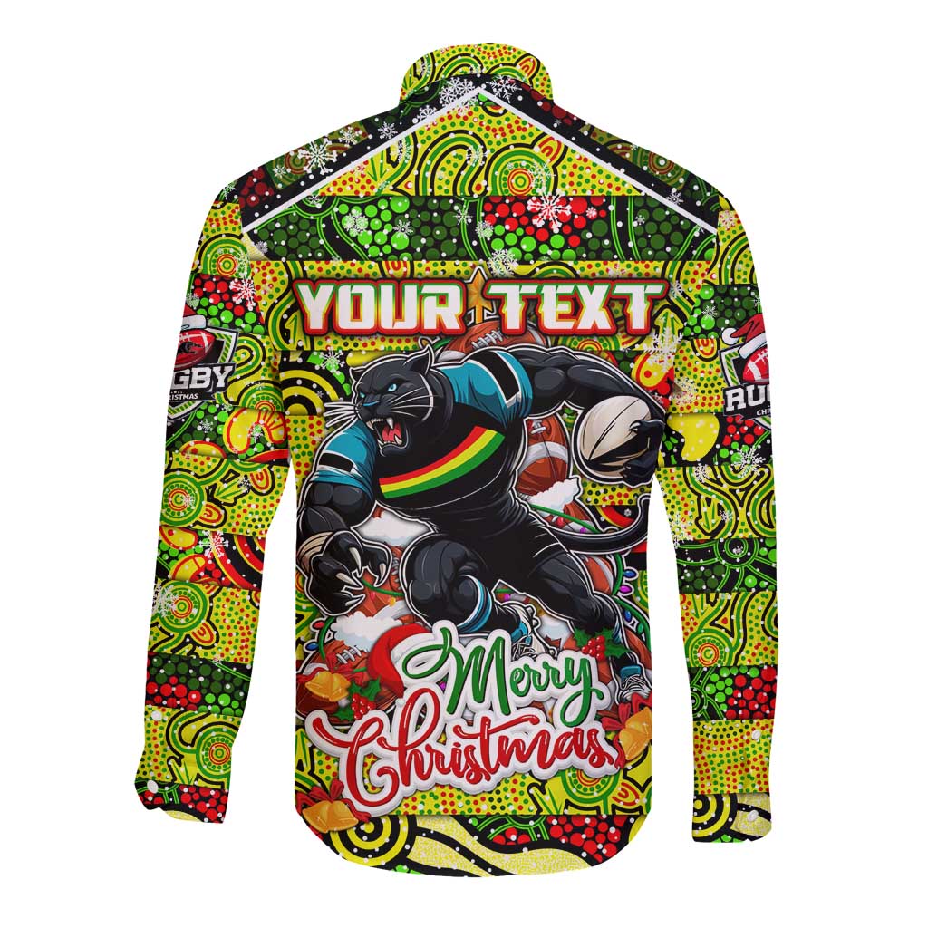 Custom Panthers Rugby Merry Christmas Long Sleeve Button Shirt Indigenous Australian Art
