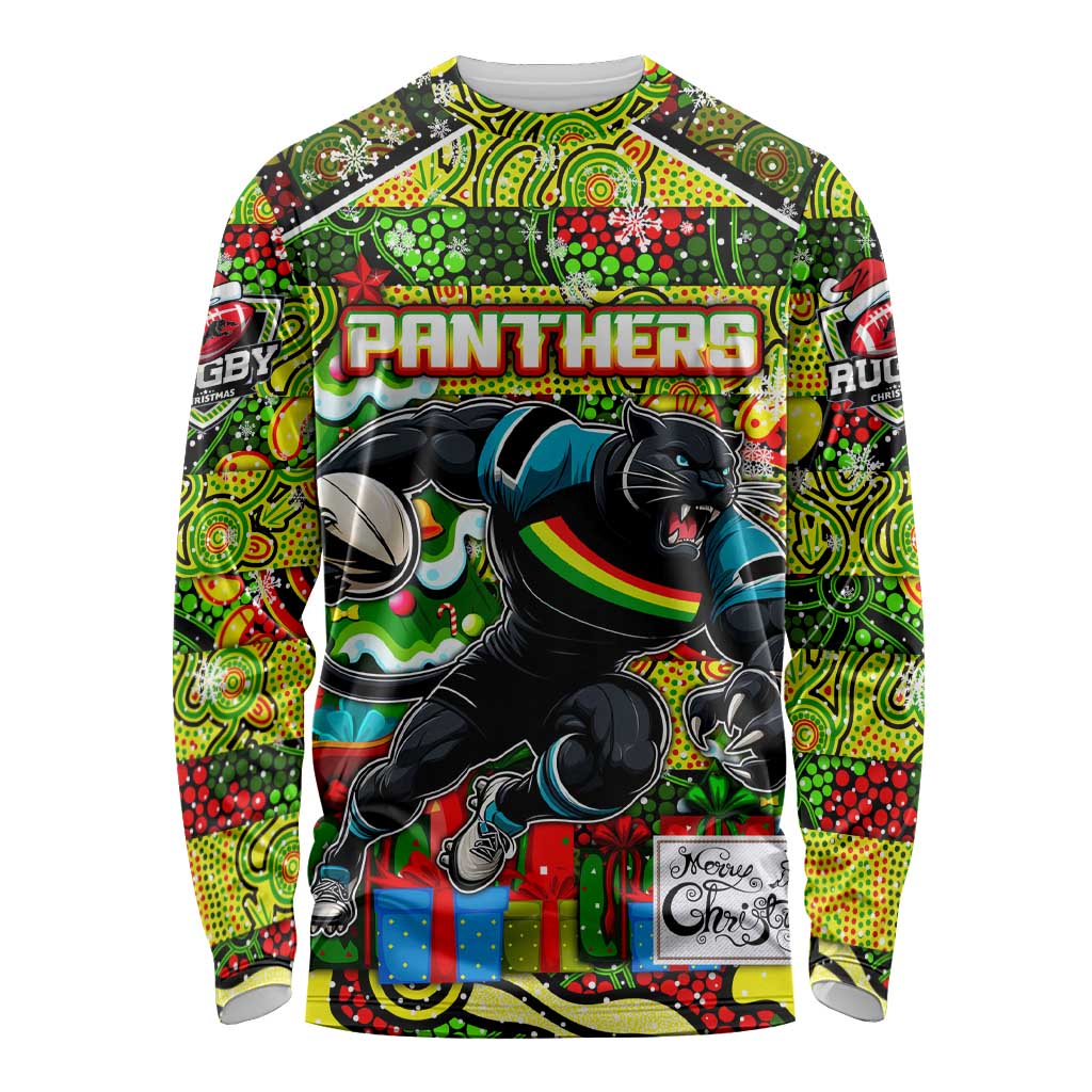 Custom Panthers Rugby Merry Christmas Long Sleeve Shirt Indigenous Australian Art