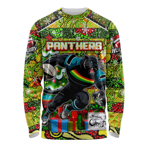 Custom Panthers Rugby Merry Christmas Long Sleeve Shirt Indigenous Australian Art