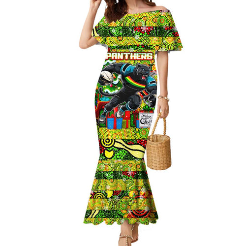 Custom Panthers Rugby Merry Christmas Mermaid Dress Indigenous Australian Art