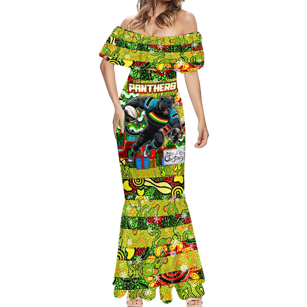 Custom Panthers Rugby Merry Christmas Mermaid Dress Indigenous Australian Art