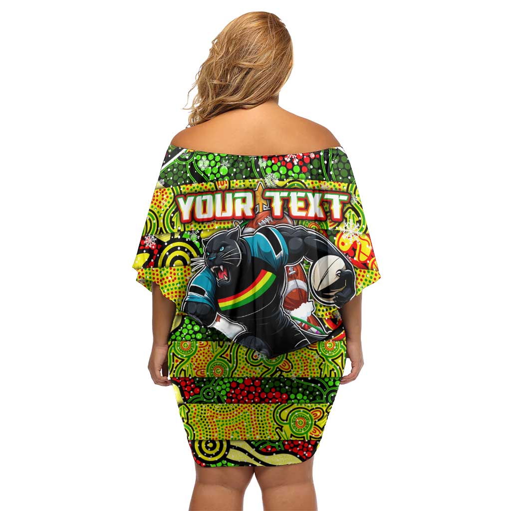 Custom Panthers Rugby Merry Christmas Off Shoulder Short Dress Indigenous Australian Art
