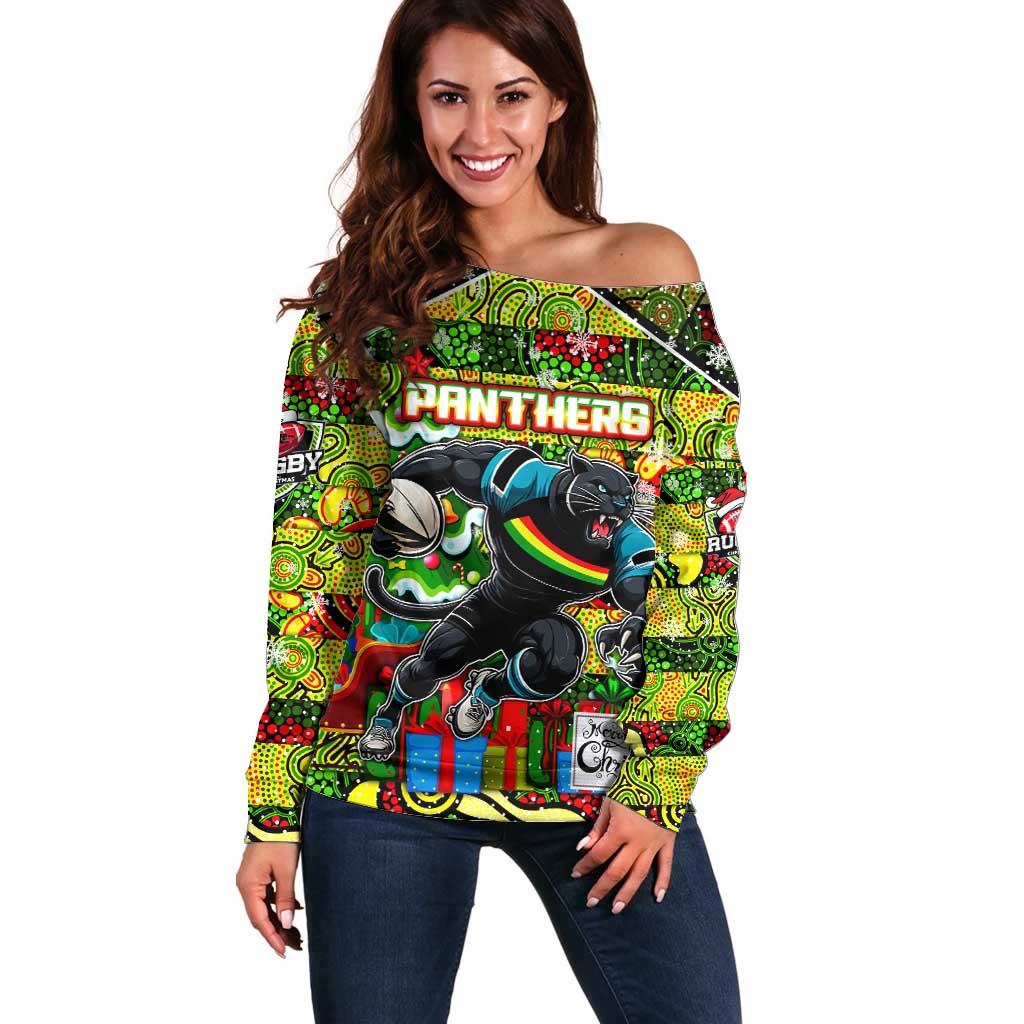 Custom Panthers Rugby Merry Christmas Off Shoulder Sweater Indigenous Australian Art