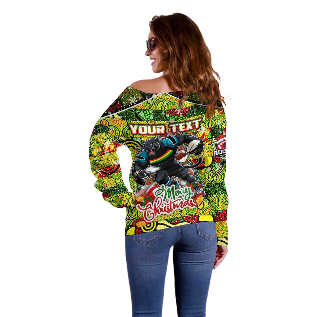 Custom Panthers Rugby Merry Christmas Off Shoulder Sweater Indigenous Australian Art